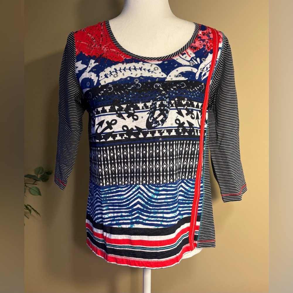 NWOT Top: Jewel Neck, Beaded, Geometric Patterns, 2/3-Sleeve